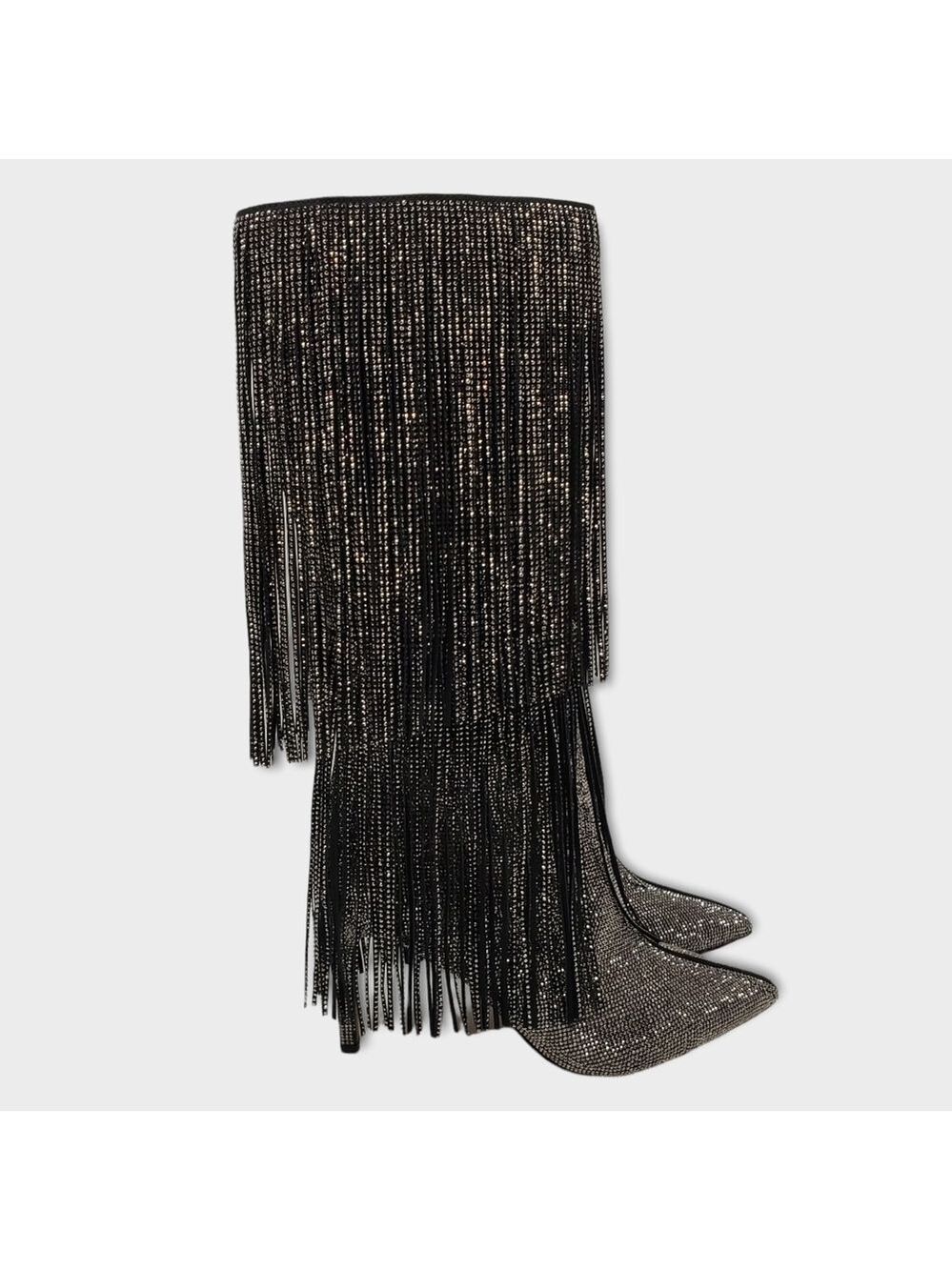 INC International Concepts Is Black and Silver Bling Fringe Heeled Boots Size 9M